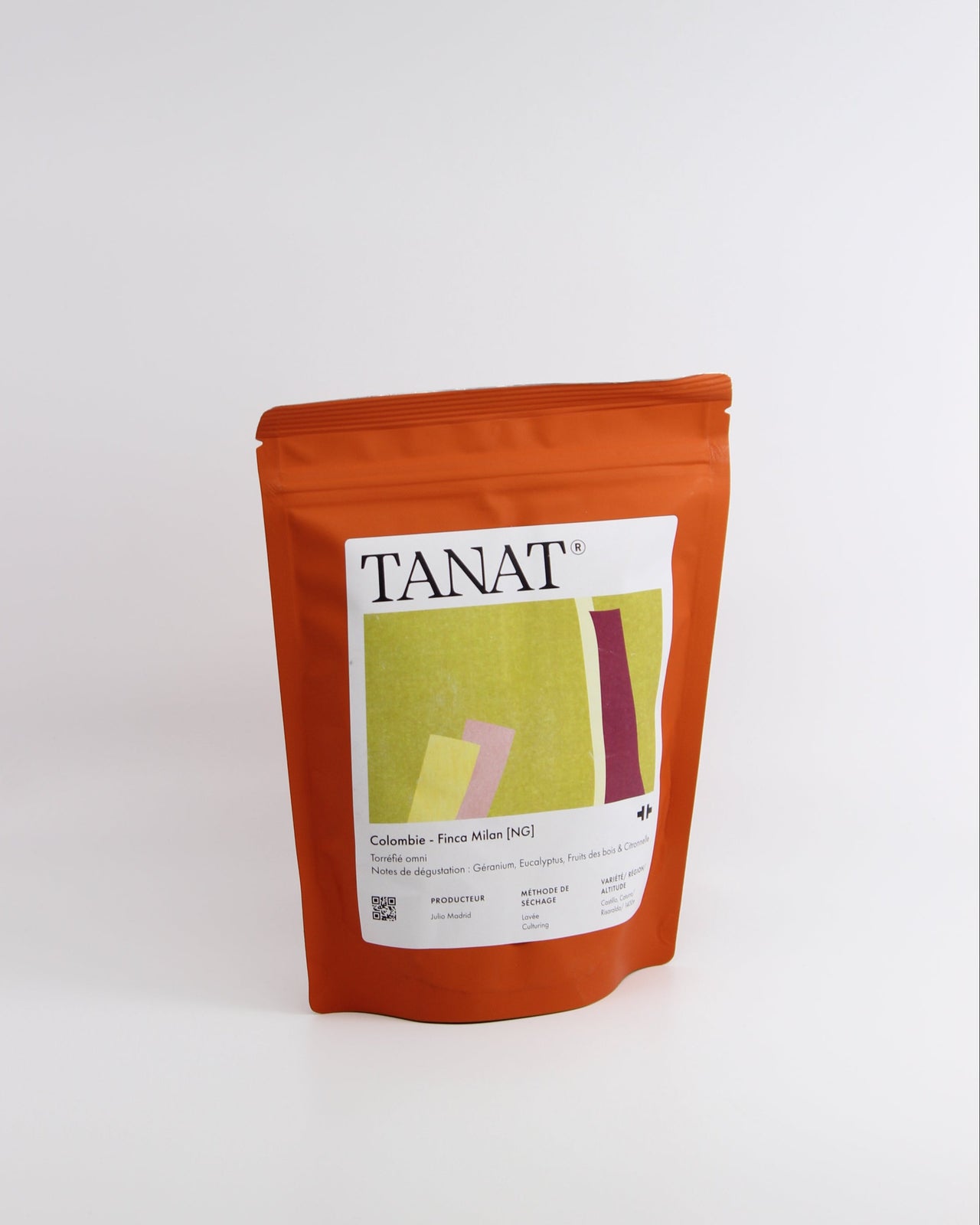 Orange package with a label on a white background