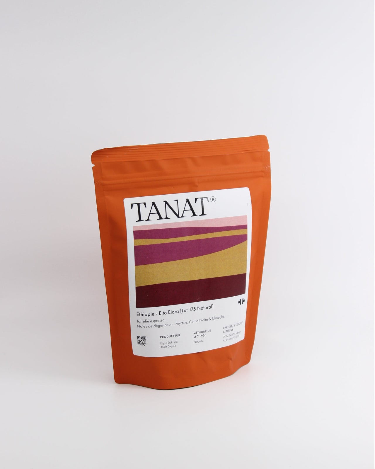 Orange package with a label on a white background