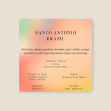 Coffee Community Brazilia Santo Antonio coffee label with tasting notes of red fruits, plum, and dark chocolate.
