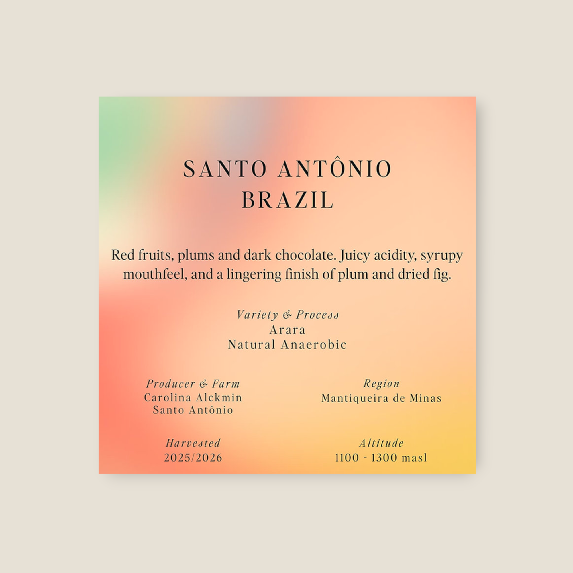 Coffee Community Brazilia Santo Antonio coffee label with tasting notes of red fruits, plum, and dark chocolate.