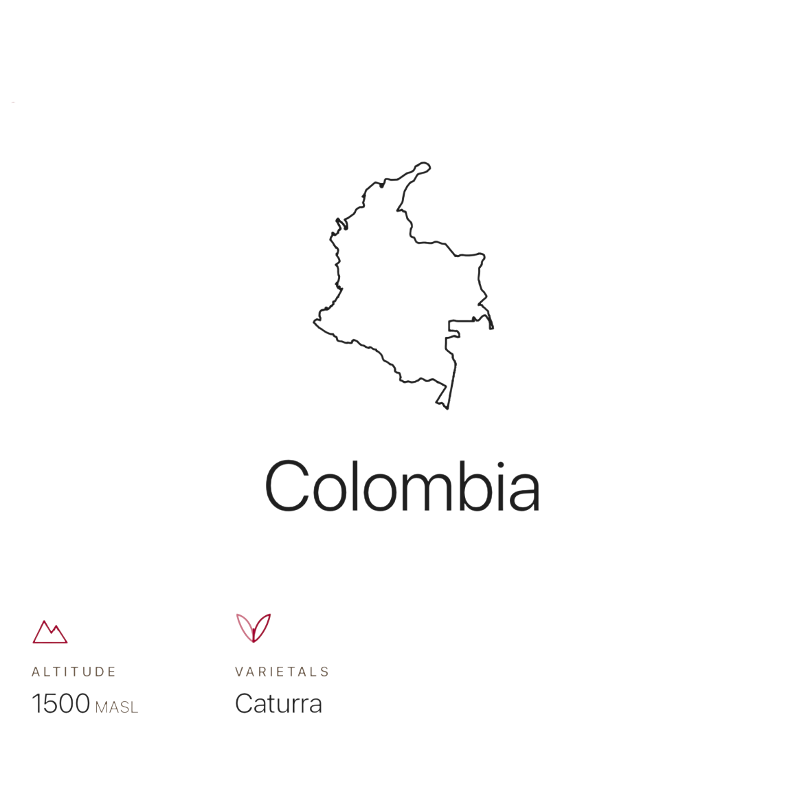 Coffee Community Colombia Late Night Decaf information card showing map, Caturra variety, and 1500 MASL altitude