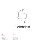 Coffee Community Colombia Late Night Decaf information card showing map, Caturra variety, and 1500 MASL altitude