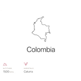 Coffee Community Colombia Late Night Decaf information card showing map, Caturra variety, and 1500 MASL altitude