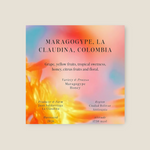 Coffee Community La Claudina Colombia Maragogype honey processed coffee label with vibrant orange and blue background