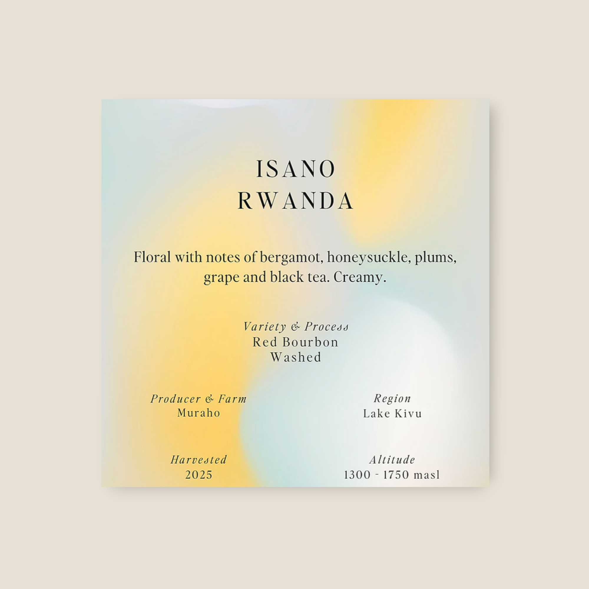 Coffee Community Rwanda Isano coffee label with tasting notes of bergamot, honeysuckle, plum, grape, and black tea.